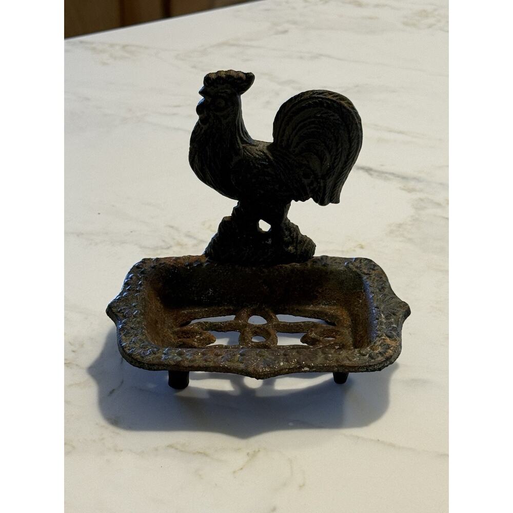 Cast Iron Rooster Soap Dish Sponge Holder Rustic Country Cottage Farmhouse